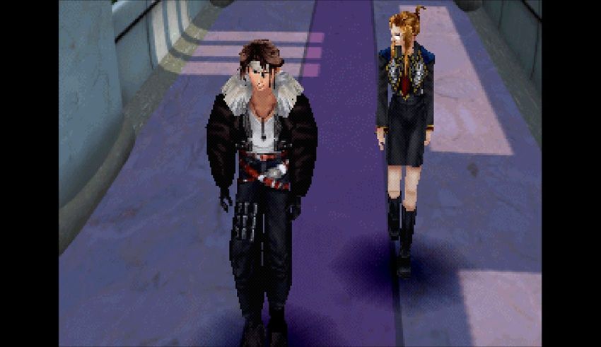 Two people walking down a hallway in a video game.