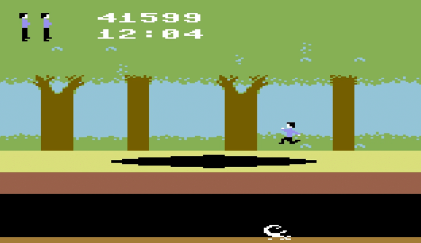 A screenshot of a video game showing a man running through a forest.