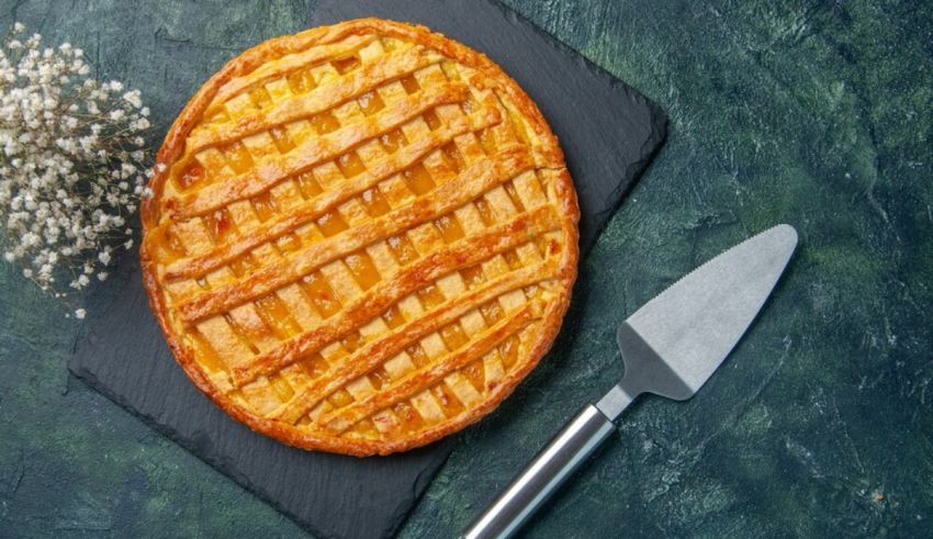 A pie with a knife and flowers on a slate.