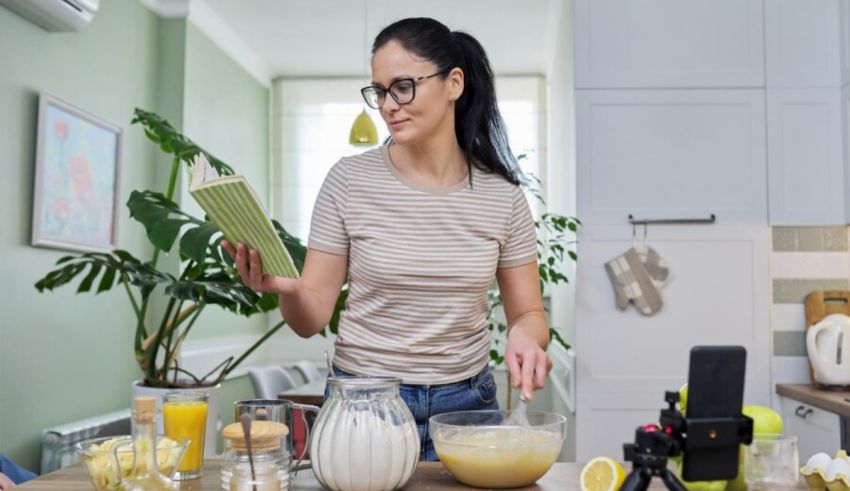 A woman in glasses is mixing ingredients in a kitchen.