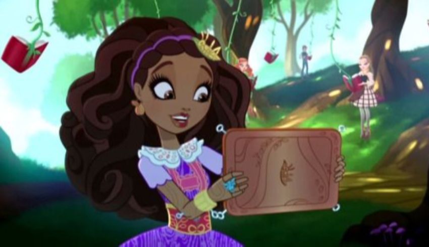 A girl in a purple dress is holding a piece of paper.