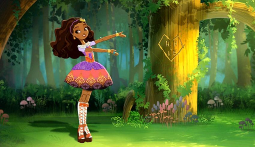 A girl in a dress is standing in a forest.