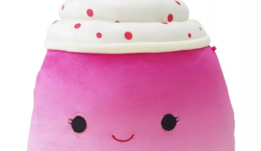 A pink plush toy with a sundae on it.