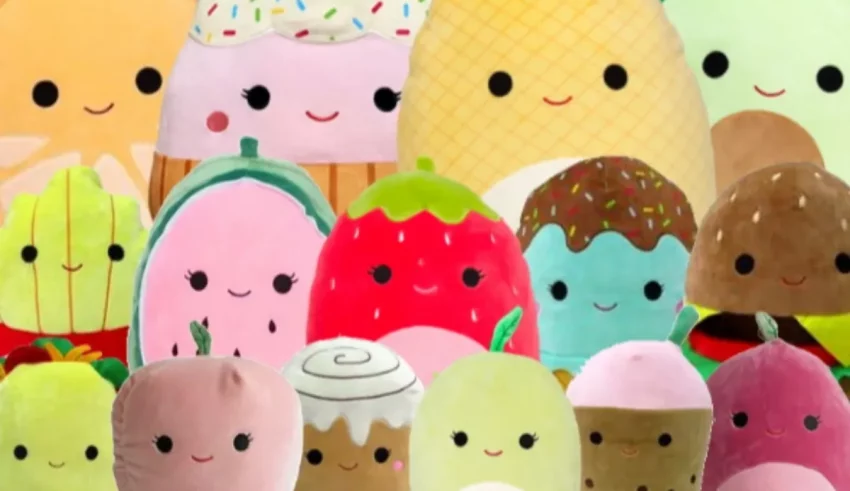 A group of squishy fruit and ice cream stuffed animals.