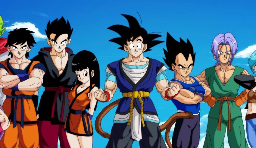 A group of dragon ball characters standing in front of a blue sky.