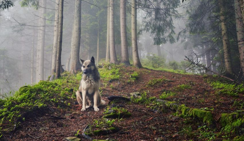 A dog standing in a forest on a foggy day.