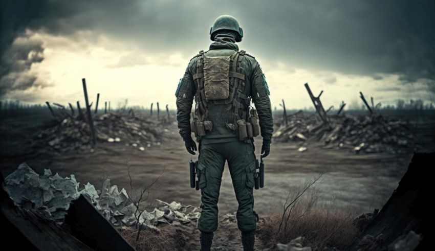 A soldier is standing in the middle of a field.