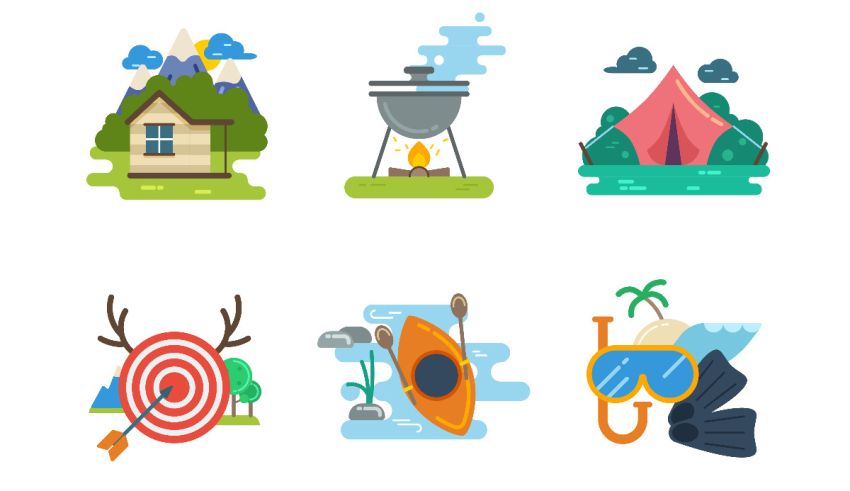 A set of flat camping icons.