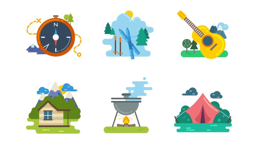 A set of camping icons with a compass and a guitar.