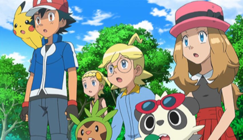A group of pokemon characters standing in the woods.