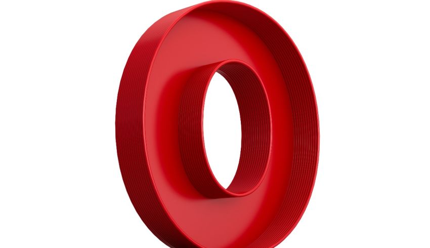 The letter o in red on a white background.