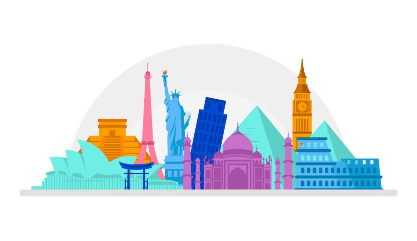 A colorful illustration of the world's landmarks.