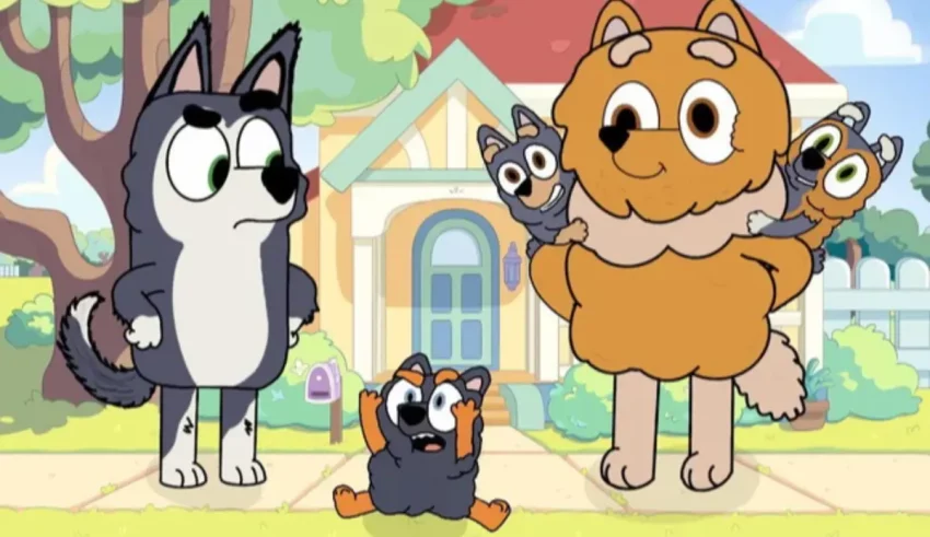 A group of cartoon animals standing in front of a house.