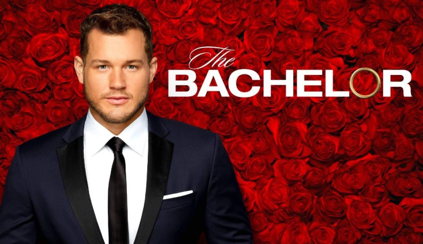 The bachelor tv show logo with a man in a suit standing in front of roses.