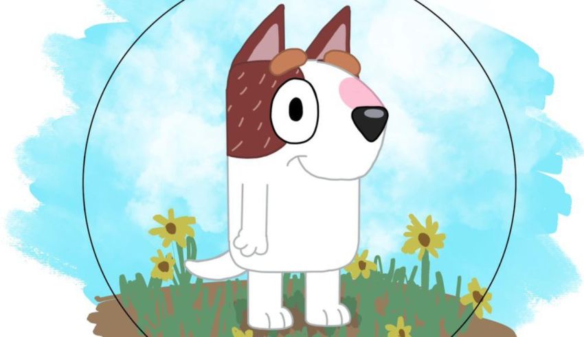 A cartoon dog standing in a field with flowers.