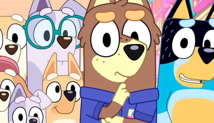 A group of cartoon dogs standing in front of a colorful background.