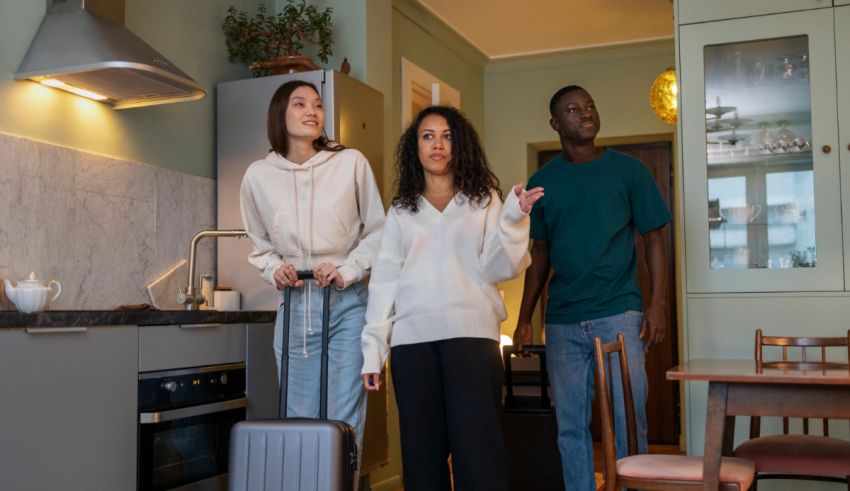 Three people standing in a kitchen with suitcases.