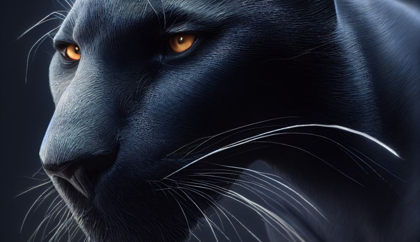 An image of a black panther with orange eyes.