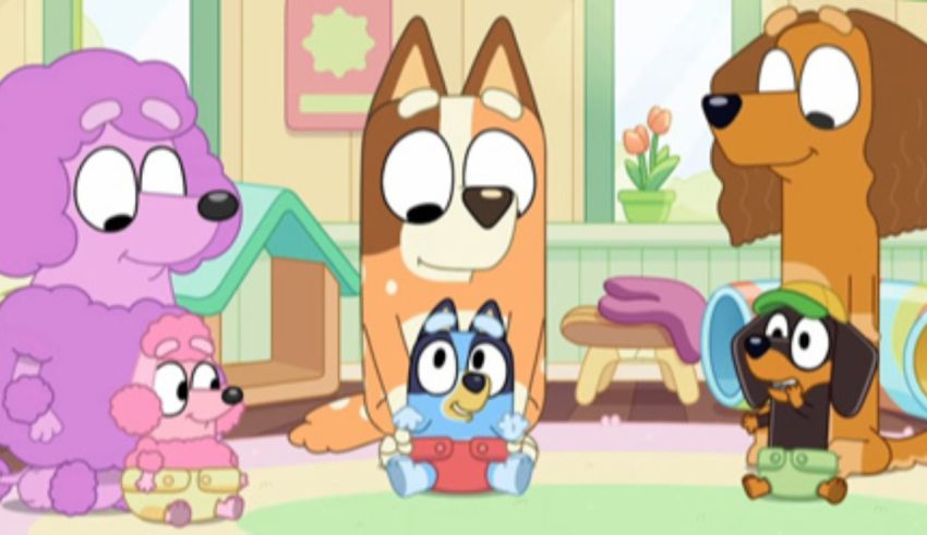 A group of cartoon dogs in a room.