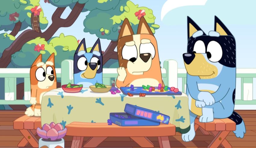 A group of cartoon dogs sitting at a picnic table.