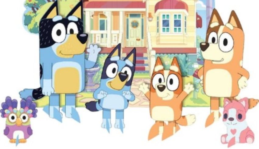 A group of cartoon animals standing in front of a house.