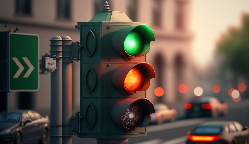 A traffic light with a green light and a red light.