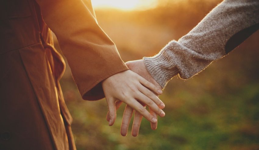 Two people holding hands in a field at sunset.