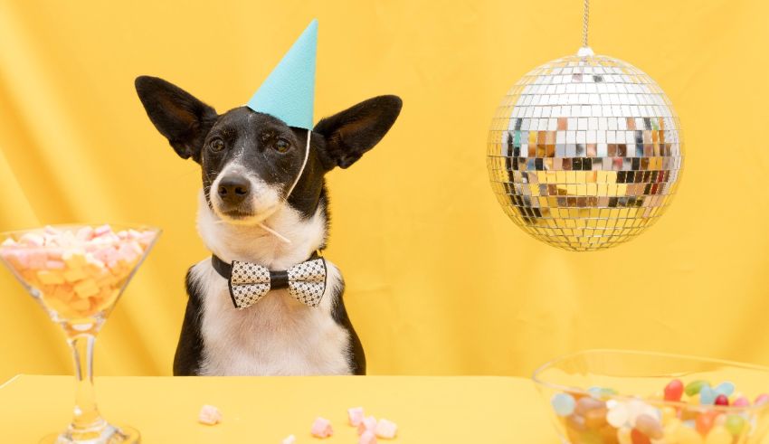 A dog wearing a disco ball hat at a party.