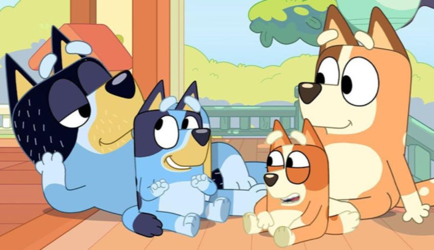 A group of cartoon dogs are sitting on a porch.