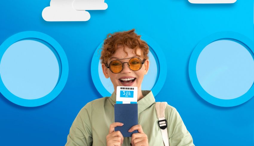 A boy is holding up a phone in front of a blue background.