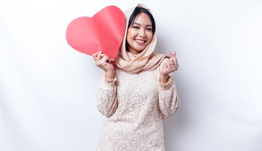A young muslim woman holding a red heart on a white background.