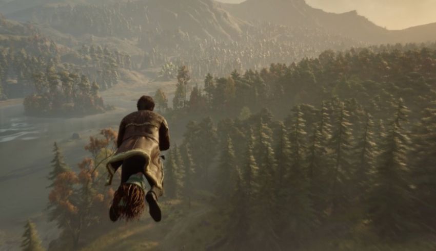 A person flying over a forest in a video game.