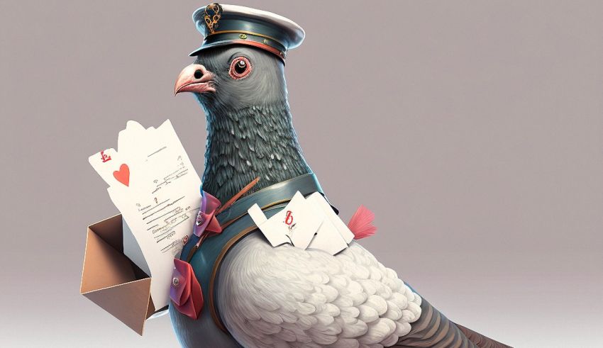 A pigeon wearing a hat and holding a letter.