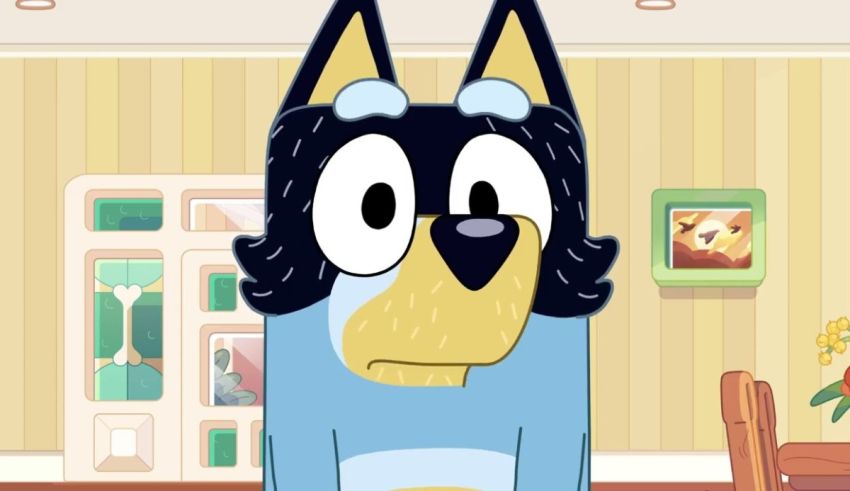 A cartoon dog is standing in front of a kitchen.