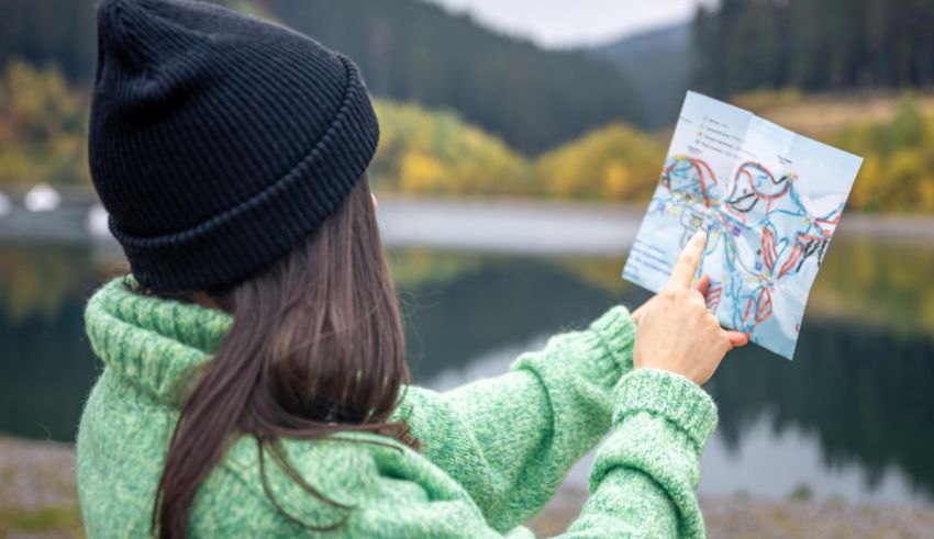 A woman holding a map in front of a lake.