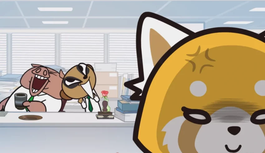 A cartoon fox is standing in front of a desk.