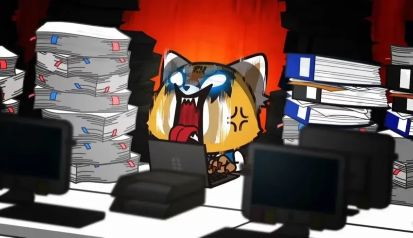 A cartoon cat sitting in front of a pile of papers.