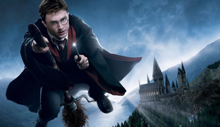 Harry potter flying over a castle.