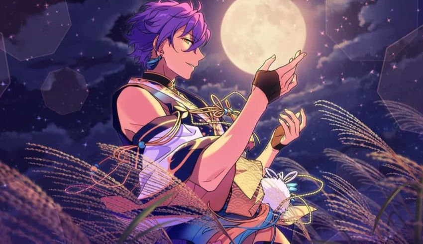 A girl with purple hair standing in a field with a full moon.