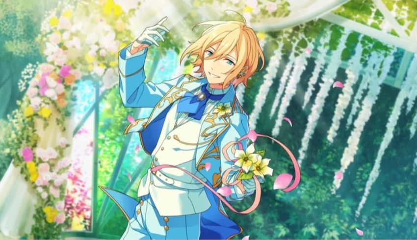 An anime character in a blue suit holding a bouquet of flowers.