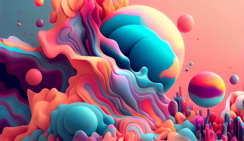 A colorful abstract painting with colorful bubbles and spheres.