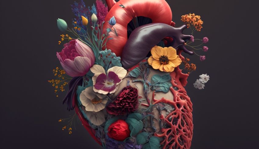 3d rendering of a human heart with flowers on it.
