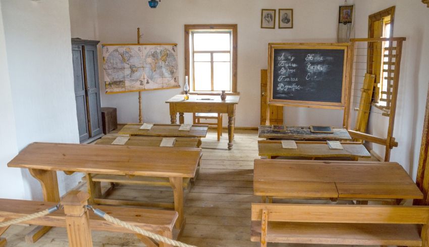 Wooden desks in a classroom.