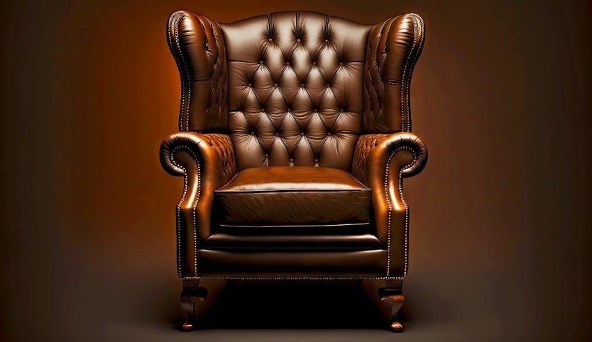 A brown leather wingback chair on a dark background.
