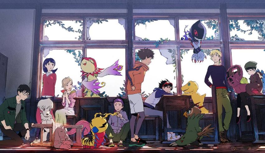 A group of anime characters sitting around a table.