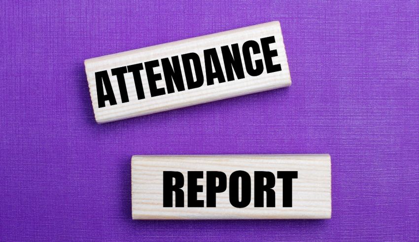 Two wooden signs with the words attendance report on a purple background.