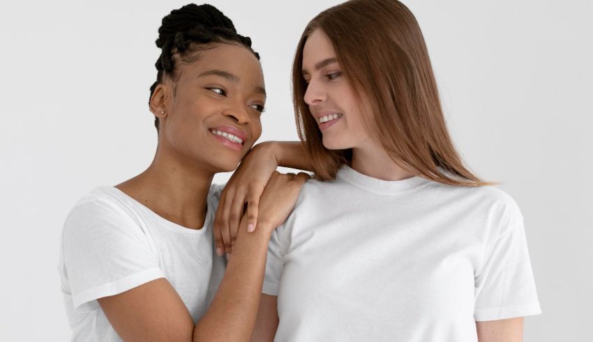 Two women in white t - shirts hugging each other.