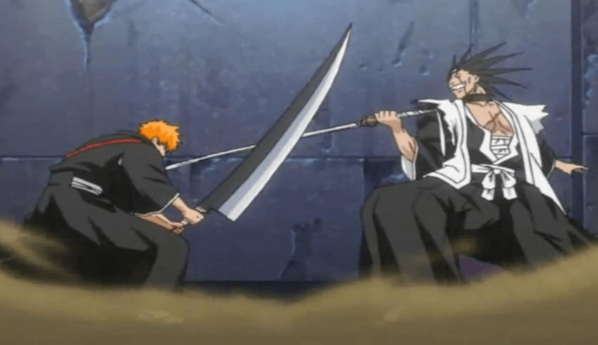 Two anime characters fighting with swords.