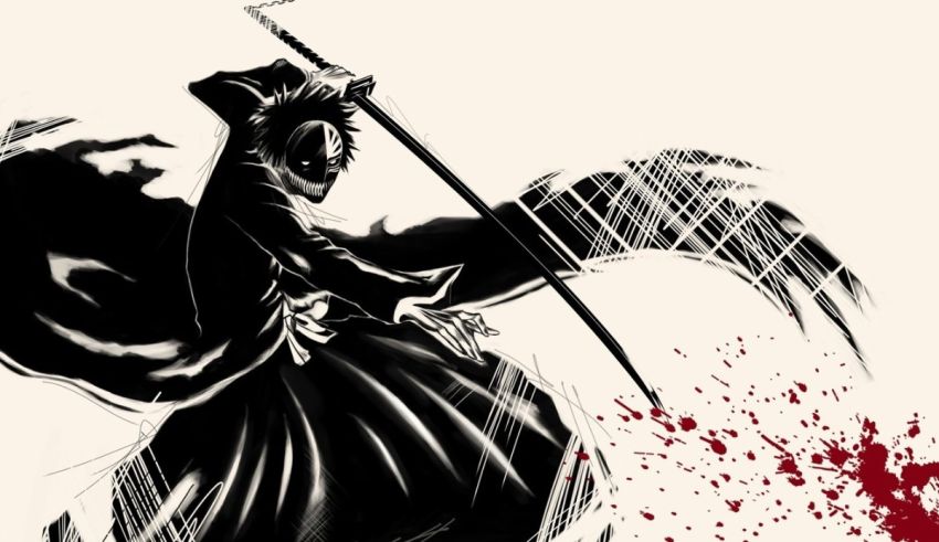A black and white drawing of a samurai with a sword.