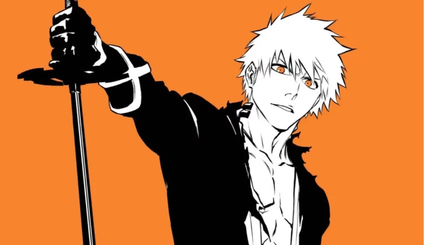 An anime character holding a sword on an orange background.